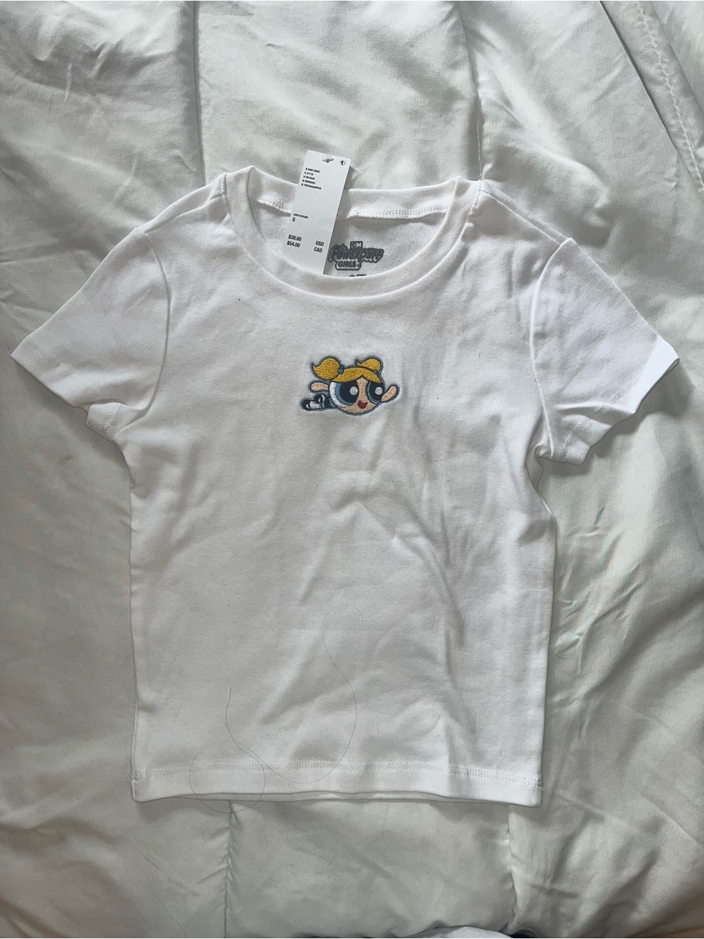 NWT Powerpuff Girls Bubbles White cropped Tee